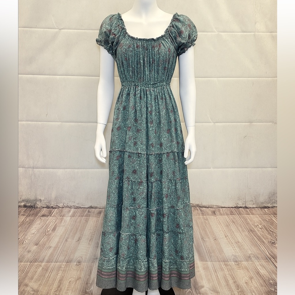 Unbranded, Blue Ruffled Tiered, 70% Silk Maxi Dress, Flaw, (S-M)